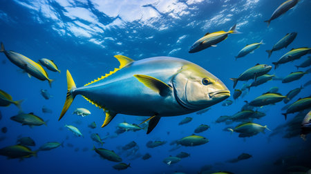 Photo of Yellowfin Tuna with various fish between healthy coral reefs in the blue oceanの素材