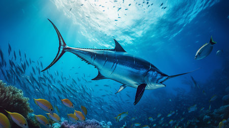 Photo of Swordfish with various fish between healthy coral reefs in the blue oceanの素材