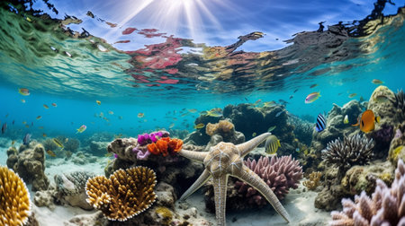Photo of Starfish with various fish between healthy coral reefs in the blue oceanの素材