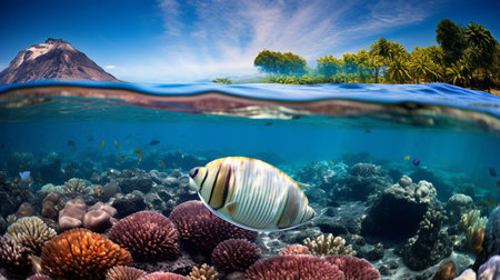 Photo of Quahog Clam between healthy coral reefs in the blue oceanの素材