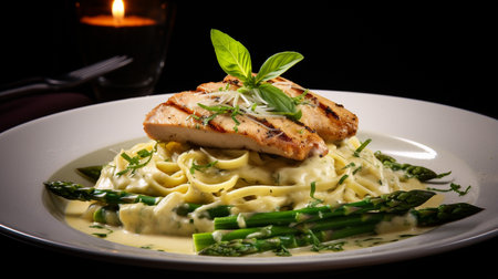 Photo of Chicken and Asparagus Alfredo as a dish in a high-end restaurantの素材
