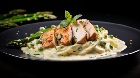 Photo of Chicken and Asparagus Alfredo as a dish in a high-end restaurantの素材