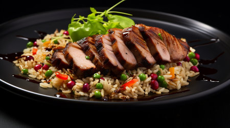 Photo of Jerk Pork with Rice and Peas as a dish in a high-end restaurantの素材