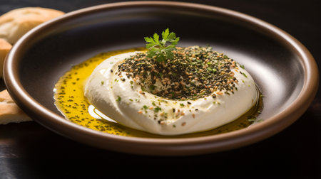 Photo of Labneh with Za'atar and Olive Oil as a dish in a high-end restaurantの素材