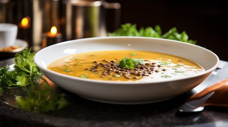 Photo of Lentil Soup as a dish in a high-end restaurantの素材