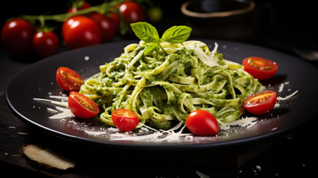 Photo of Pesto Pasta with Cherry Tomatoes as a dish in a high-end restaurantの素材