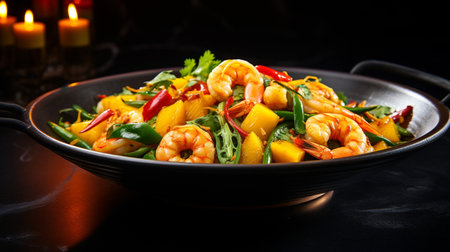 Photo of Prawn and Mango Stir-Fry as a dish in a high-end restaurantの素材