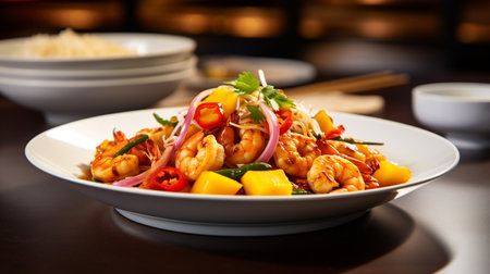 Photo of Prawn and Mango Stir-Fry as a dish in a high-end restaurantの素材
