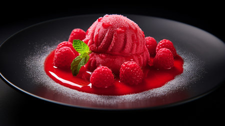 Photo of Raspberry Sorbet as a dish in a high-end restaurantの素材