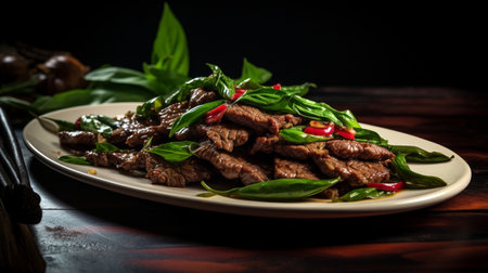 Photo of Thai Basil Beef as a dish in a high-end restaurantの素材