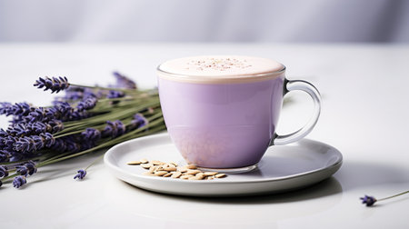 Photo of a Lavender Latte drink isolated on flat white backgroundの素材