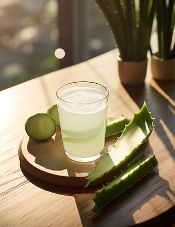 Photo of some Aloe Vera Drink drink elegantly plated on a tableの素材