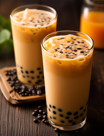 Photo of some Bubble Tea drink elegantly plated on a tableの素材