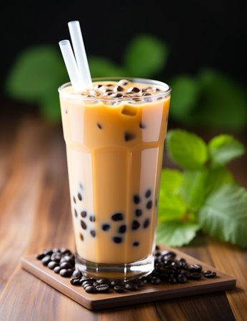 Photo of some Bubble Tea drink elegantly plated on a tableの素材