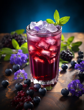 Photo of some Blueberry Iced Tea drink elegantly plated on a tableの素材