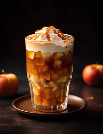 Photo of some Caramel Apple Spice drink elegantly plated on a tableの素材