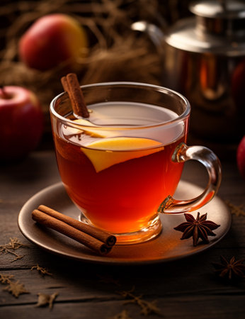Photo of some Cinnamon Apple Tea drink elegantly plated on a tableの素材