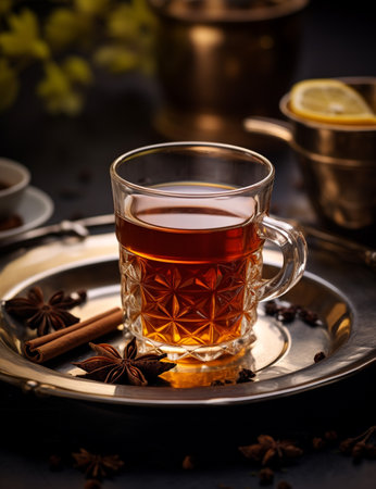 Photo of some Cinnamon Tea drink elegantly plated on a tableの素材
