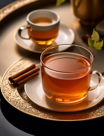 Photo of some Cinnamon Tea drink elegantly plated on a tableの素材
