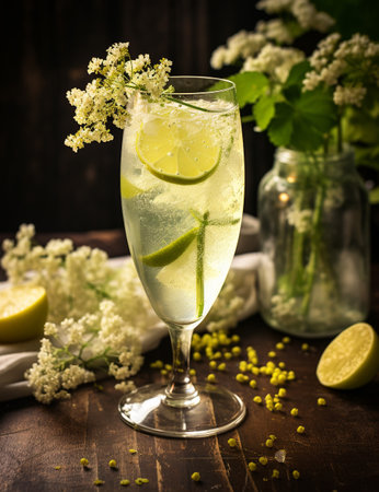 Photo of some Elderflower Spritzer drink elegantly plated on a tableの素材