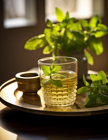 Photo of some Fresh Mint Tea drink elegantly plated on a tableの素材