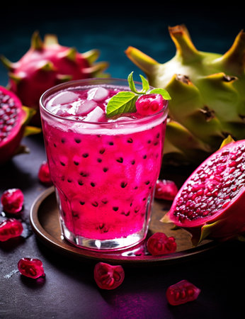 Photo of some Dragon Fruit Punch drink elegantly plated on a tableの素材