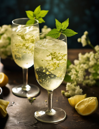 Photo of some Elderflower Spritzer drink elegantly plated on a tableの素材