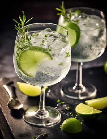 Photo of some Gin and Tonic drink elegantly plated on a tableの素材