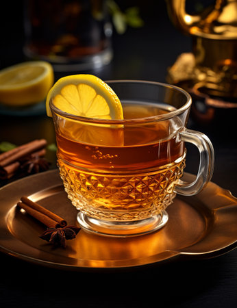 Photo of some Hot Toddy drink elegantly plated on a tableの素材