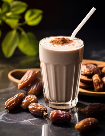 Photo of some Date Milkshake drink elegantly plated on a tableの素材