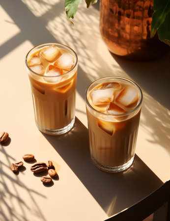 Photo of some Iced Chai Latte drink elegantly plated on a tableの素材
