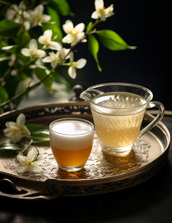 Photo of some Jasmine Tea drink elegantly plated on a tableの素材