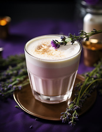 Photo of some Lavender Latte drink elegantly plated on a tableの素材