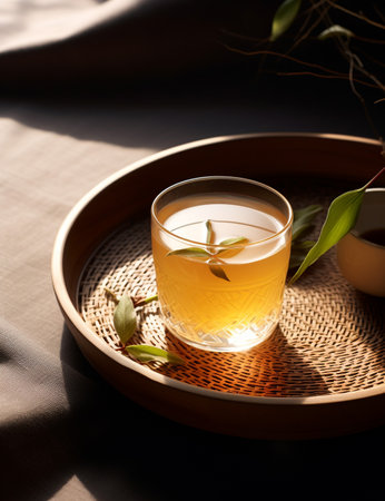 Photo of some Korean Barley Tea drink elegantly plated on a tableの素材