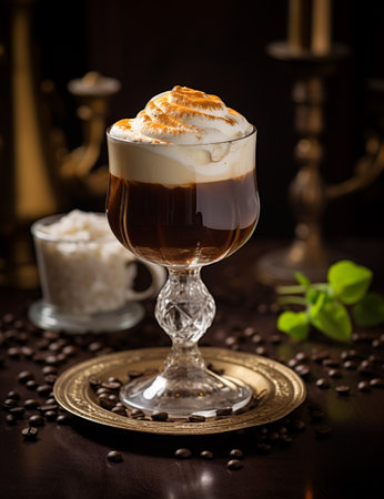 Photo of some Irish Coffee drink elegantly plated on a tableの素材