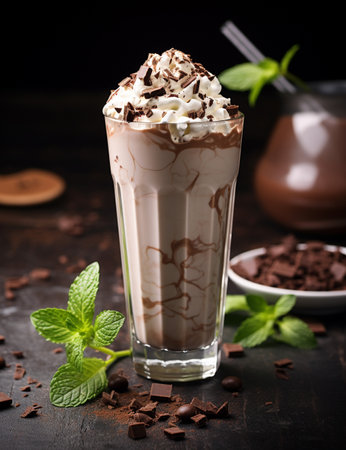 Photo of some Mocha Peppermint Shake drink elegantly plated on a tableの素材