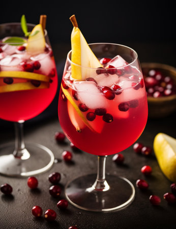 Photo of some Pear and Cranberry Sangria drink elegantly plated on a tableの素材