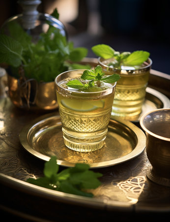 Photo of some Mint Tea drink elegantly plated on a tableの素材