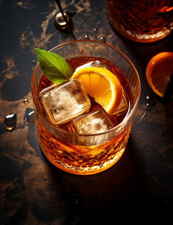 Photo of some Old Fashioned drink elegantly plated on a tableの素材
