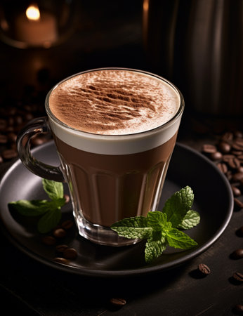 Photo of some Peppermint Mocha drink elegantly plated on a tableの素材