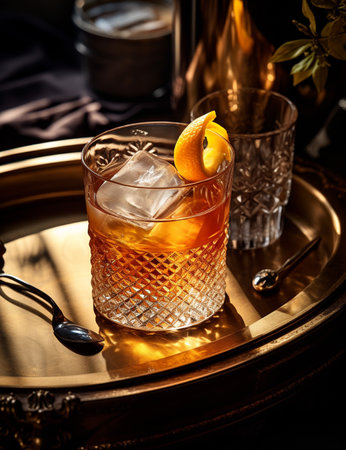 Photo of some Old Fashioned drink elegantly plated on a tableの素材