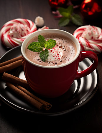 Photo of some Peppermint Hot Chocolate drink elegantly plated on a tableの素材