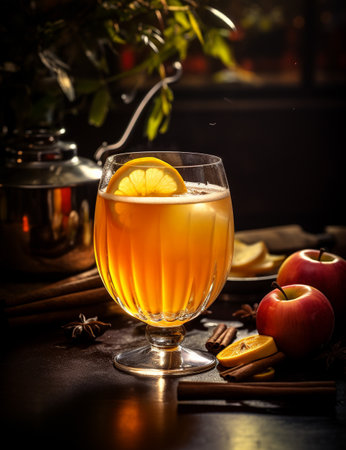 Photo of some Mulled Cider drink elegantly plated on a tableの素材