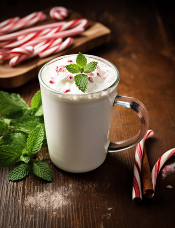 Photo of some Peppermint White Hot Chocolate drink elegantly plated on a tableの素材