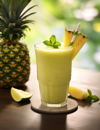 Photo of some Pineapple Gingerale Smoothie drink elegantly plated on a tableの素材