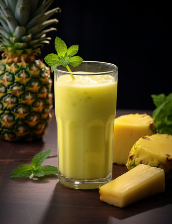 Photo of some Pineapple Gingerale Smoothie drink elegantly plated on a tableの素材