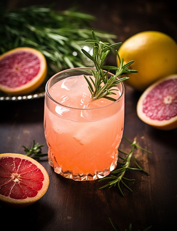Photo of some Rosemary Grapefruit Spritz drink elegantly plated on a tableの素材