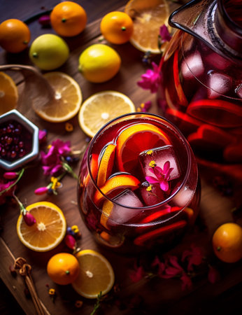 Photo of some Sangria drink elegantly plated on a tableの素材