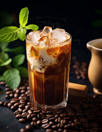 Photo of some Vietnamese Iced Coffee drink elegantly plated on a tableの素材