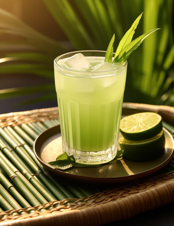 Photo of some Sugarcane Juice drink elegantly plated on a tableの素材